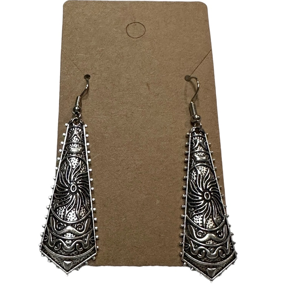Boho Antique Silver Geometric Embossed Detail Drop Earrings